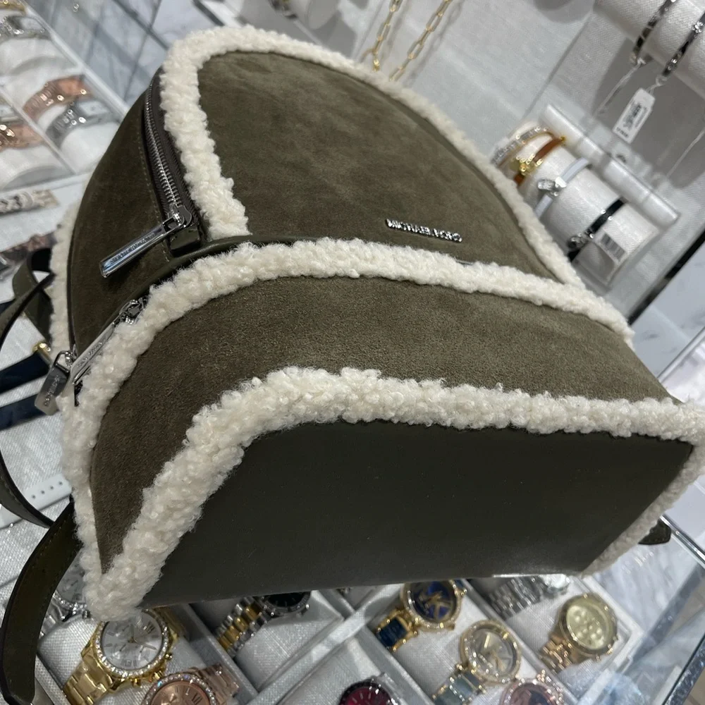 MICHAEL KORS Rhea Medium Suede and Faux Shearling Backpack Olive NWT